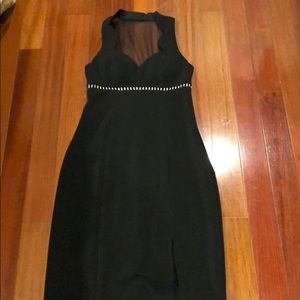 Long black dress rhinestones sheer back a-line